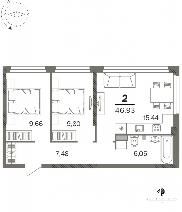2-х комнатная квартира в новом ЖК общей площадью 46 кв.м.